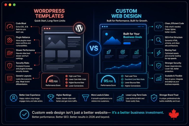 Dark neon infographic comparing custom web design and WordPress templates for speed, SEO, scalability, security, and business growth.