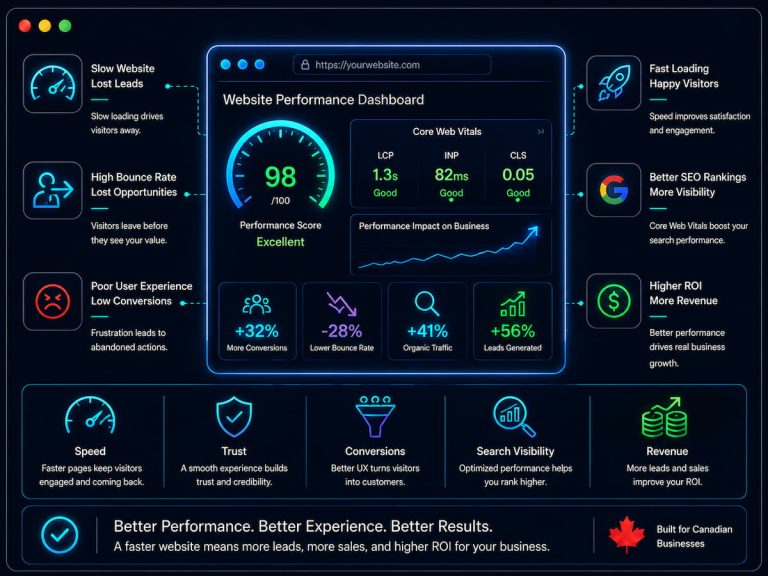 Dark neon website performance infographic showing faster load speed, Core Web Vitals, better SEO, lower bounce rate, and higher business ROI.