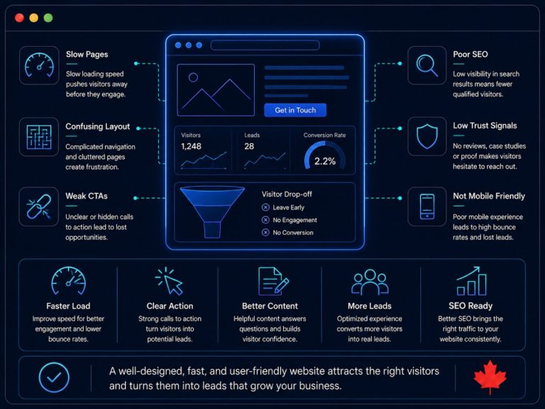 Dark neon infographic showing common website problems, slow performance, weak CTAs, poor SEO, and better lead generation structure for Canadian businesses.