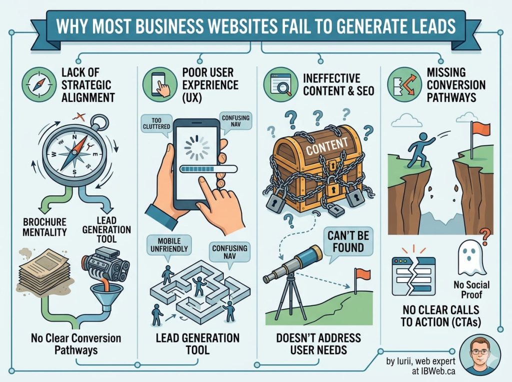 Infographic explaining why business websites fail to generate leads, featuring sections on strategic alignment, user experience (UX), SEO content, and conversion pathways.