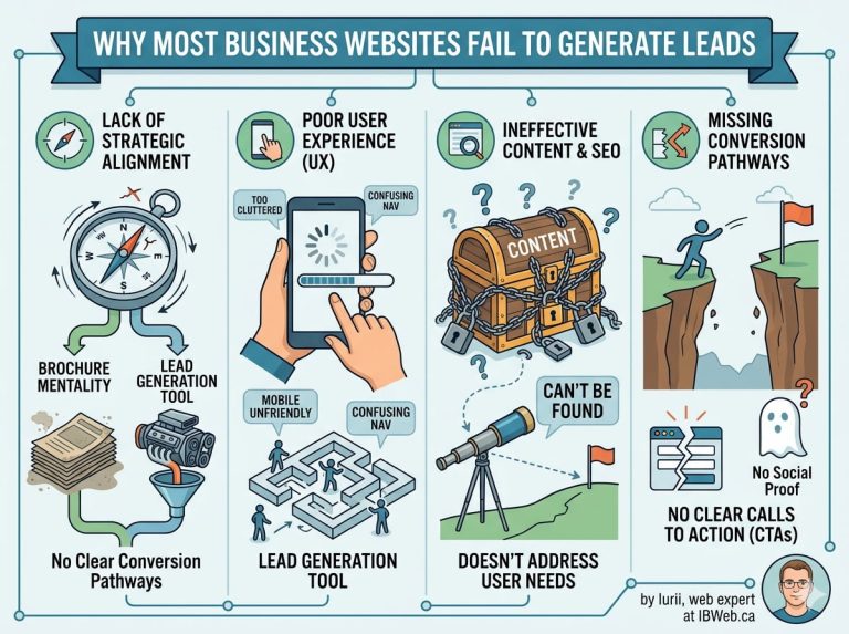 Infographic explaining why business websites fail to generate leads, featuring sections on strategic alignment, user experience (UX), SEO content, and conversion pathways.